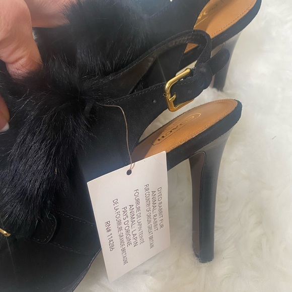 {NWT} Coach Black Rabbit Fur Peep Toe Sling Back Shoes 8.5